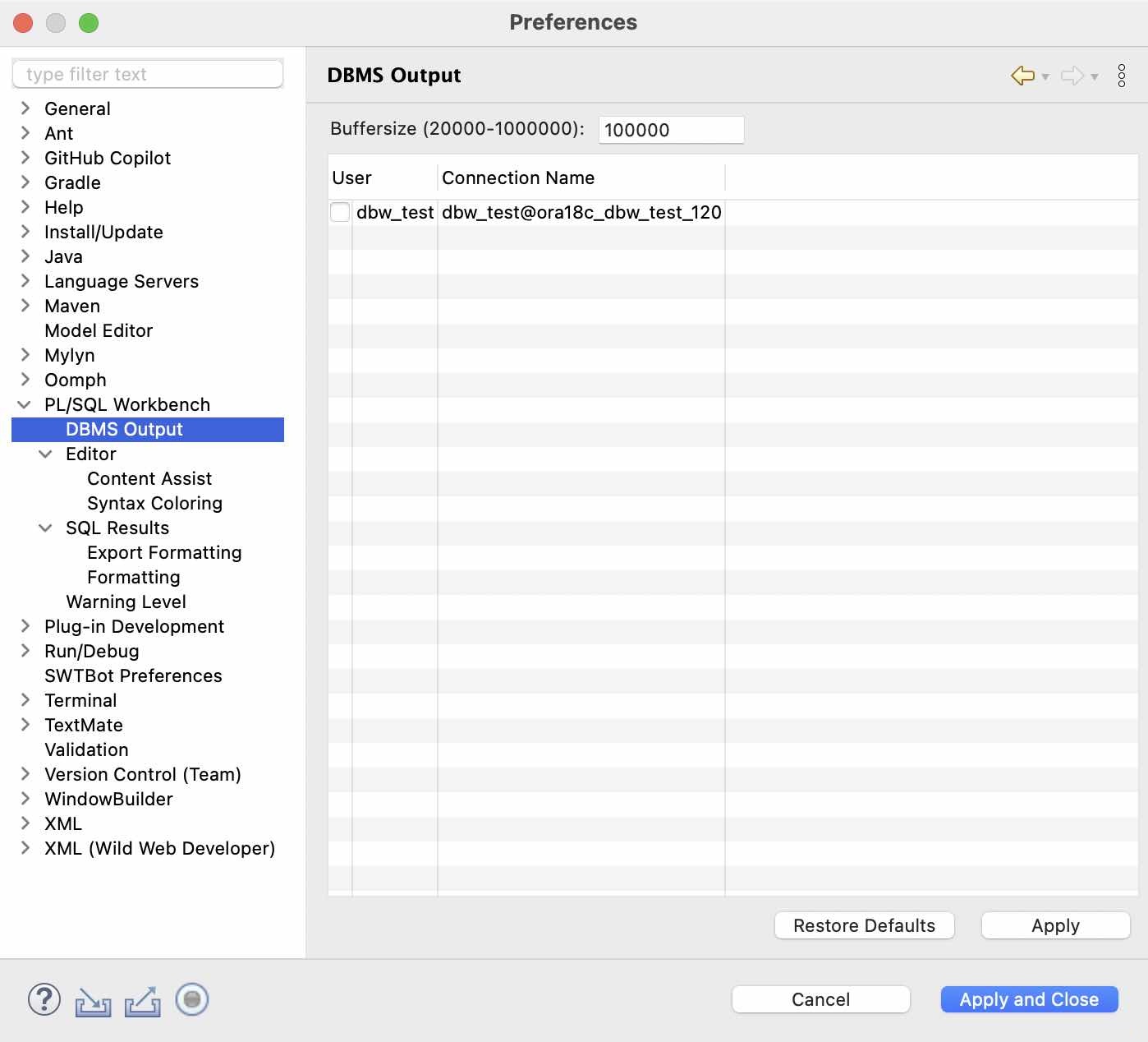 Preferences: DBMS Output