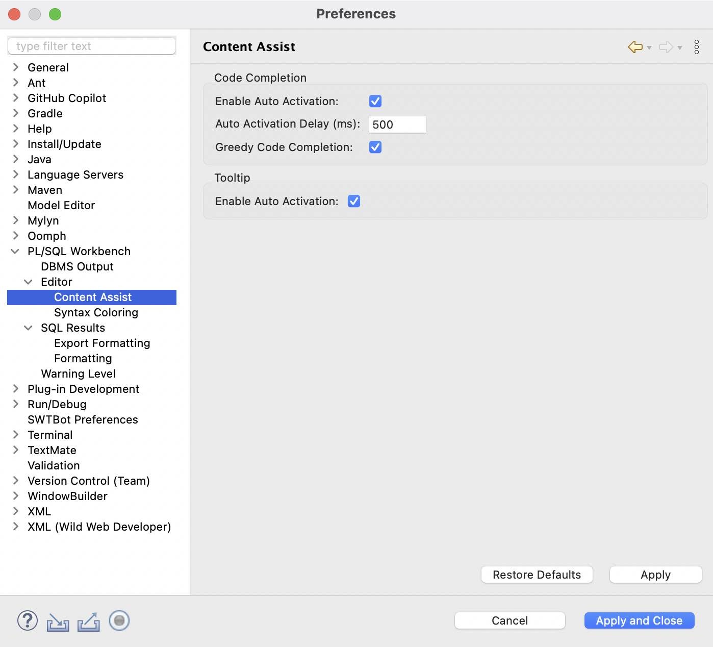 Preferences: Editor Content Assist