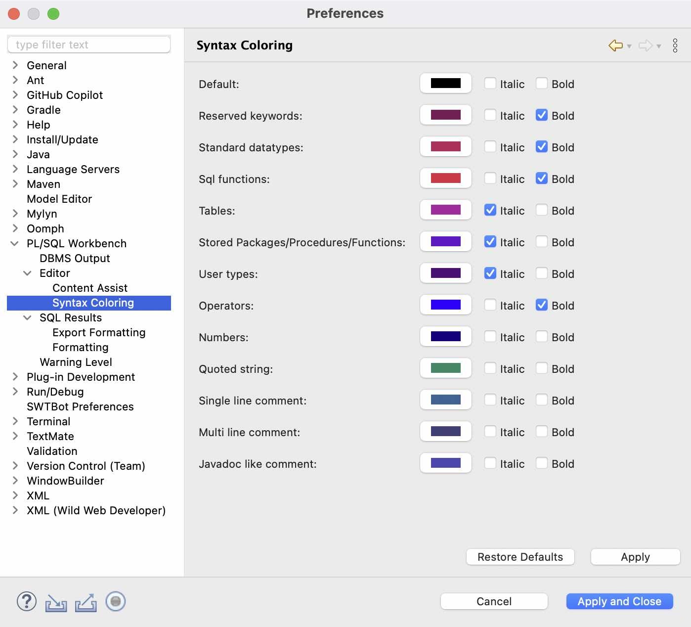 Preferences: Syntax Coloring
