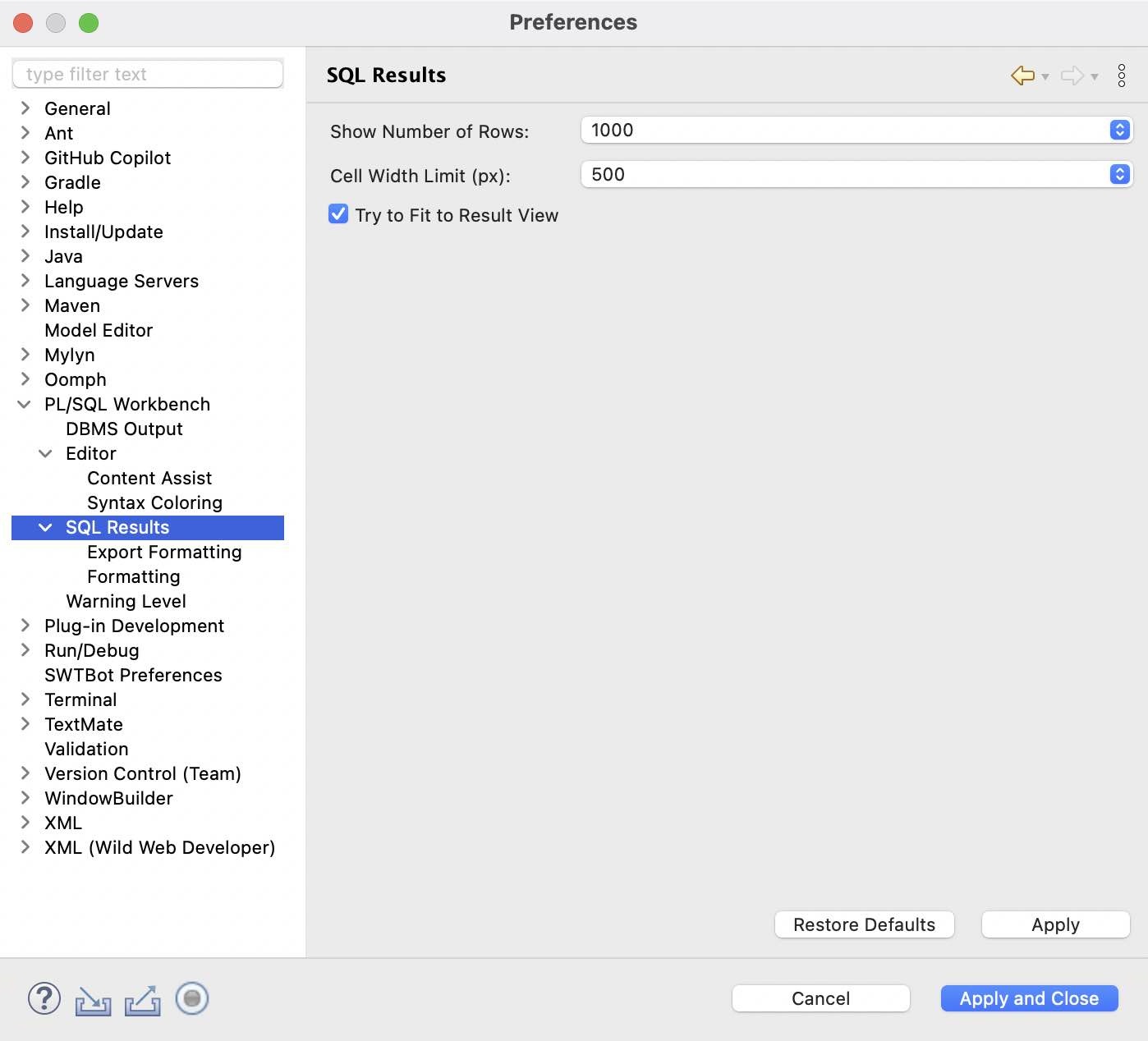 Preferences: SQL Results